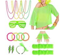 Set di accessori anni 80-90 Neon in rete da pesca, set completo per feste con cerchietto, calzini, bracciali, occhiali, collana e orecchini per feste a tema, carnevale, mascherata e outfit da costume