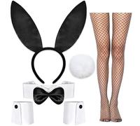 Set di Accessori Coniglietto da Donna, Costume Coniglio Donna, Costume Halloween Coniglietta con Orecchie Coniglio, Colletto, Polsini, Coda da Coniglio, Calze a Rete per Halloween, Carnevale (A)