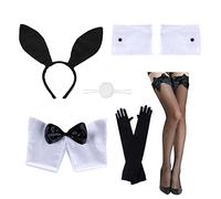 Set di Accessori Costume Coniglietto da Donna, Set Cerchietti per Capelli Orecchie Coniglio Fascia Capelli Colletto con Calze a Rete e Guanti Papillon Donna Polsini Coda Coniglio Costume Festa a Tema