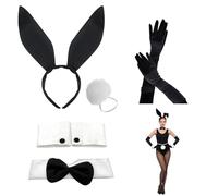 Set di accessori costume da coniglietto per donna, orecchie, collare con fiocco, polsini, coda e guanti neri, perfetto per feste e travestimenti