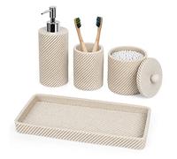 Set di accessori da bagno, 4 pezzi, dispenser per sapone e lozione, portaspazzolino, dispenser porta Qtip, vassoio per la decorazione del piano di lavoro del bagno, organizer per cosmetici, beige