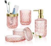 Set di accessori da bagno, 5 pezzi, set di decorazioni da bagno in vetro, include dispenser di sapone, portasapone, portaspazzolino, bicchiere e barattolo, regalo vintage (rosa)