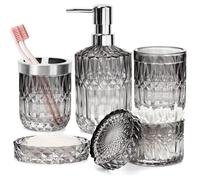 Set di accessori da bagno, 5 pezzi, set di decorazioni da bagno in vetro, include dispenser per sapone, portasapone, portaspazzolino, bicchiere e barattolo, regalo vintage (sfumato nero e trasparente)