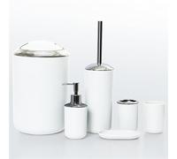 Set di accessori da bagno, 6 pezzi, in plastica, colore grigio, con scopino, portaspazzolino, portasapone, dispenser per lozioni, cestino e tazza, decorazione essenziale