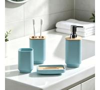 Set di accessori da bagno blu Morandi con coperchi in bambù, include cestino, spazzola per il WC, flacone per sapone liquido, portaspazzolino, bicchiere per collutorio e portasapone, contenitori separ