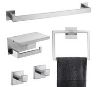 Set di accessori da bagno con barra portasciugamani, anello portasciugamani, gancio portasciugamani e portarotolo con ripiano, con montaggio a parete, in acciaio inox, colore nichel spazzolato