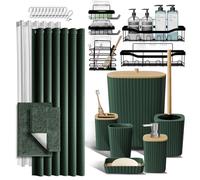 Set di accessori da bagno con portaoggetti da doccia e tappeti da bagno, set di accessori da bagno da 27 pezzi con box doccia tappeti da bagno verdi, set di tende da doccia, scopino, cestino,