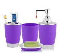 Set di accessori da bagno da 4 pezzi: portaspazzolino, dispenser di sapone, portasapone e bicchiere, organizer da appoggio (Viola)