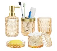 Set di accessori da bagno dorati, set da 5 pezzi con dispenser per sapone, portasapone, portaspazzolino, bicchiere, barattolo per cotton fioc