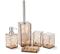 Set di accessori da bagno in acrilico trasparente, antiruggine, design trasparente, include dispenser di sapone, portaspazzolino, tazza, portasapone e scopino per WC, 5 pezzi, marrone