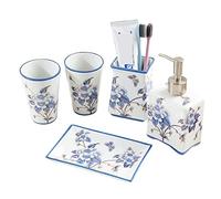 Set di Accessori da Bagno in Ceramica Con Fiori Tradizionali Cinesi e Uccelli Blu - Kit Completo per Bagno (Blu)