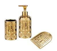 Set di accessori da bagno in oro, decorazione moderna per il bagno. Dispenser di sapone dorato, portasapone e bicchiere, set di accessori da bagno Royal Luxury 3D con design a gabbia per uccelli in