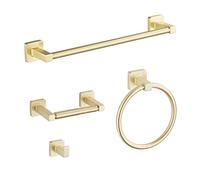 Set di accessori da bagno in oro spazzolato, 4 pezzi, in acciaio inossidabile, da parete, include barra portasciugamani da 40 cm, anello per asciugamani, ganci per accappatoio, porta carta igienica
