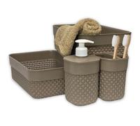 Set di accessori da bagno in stile rattan | Set di 5 pezzi, dispenser sapone, porta spazzole, organizer e asciugamano | kit accessori da bagno (marrone)