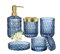 Set di accessori da bagno in vetro, set di 5 organizer per lavandino blu | Include dispenser di sapone per il lavandino, portaspazzolino, contenitore per cotton fioc, portasapone e bicchiere da bagno.