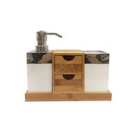 MSV - Set di 3 Accessori da Bagno con Dispenser per Sapone e Porta spazzolini in bambù e Acciaio Inox, con cassetti