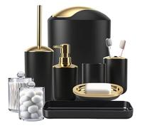 Set di accessori da bagno nero e oro, 9 pezzi: bidone della spazzatura, dispenser di sapone, portasapone, scopino per WC con supporto, portaspazzolino, bicchiere, vassoio, porta Q-Tip