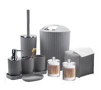 Set di accessori da bagno - Set di accessori da bagno grigio da 10 pezzi con cestino, portaspazzolino e tazza, dispenser per sapone, portasapone, portascopino WC, vassoio da toeletta, supporto Qtip,