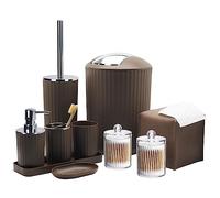 Set di accessori da bagno - Set di accessori da bagno marrone da 10 pezzi con cestino, portaspazzolino e tazza, dispenser per sapone, portasapone, portascopino WC, vassoio da toeletta, supporto Qtip