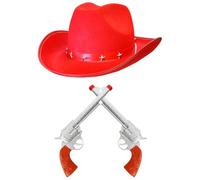 Set di accessori da cowboy per adulti, confezione da 1, cappello da cowboy rosso tempestato di stelle e finta pistola in plastica, set di accessori per costume da sceriffo occidentale selvaggio West