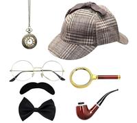 Set Di Accessori Da Detective Sherlock Holmes 7PCS, Cappello Da Detective, Lente d'Ingrandimento, Occhiali In Metallo, Papillon, Barba, Orologio Da Taschino, Fischietto per Cosplay, Carnevale, Feste