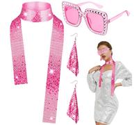 Set di accessori da discoteca da donna, 3 pezzi anni '70, set di accessori da discoteca con paillettes rosso rosa e paillettes sciarpa occhiali da sole orecchini per Halloween Carnevale retrò festa
