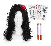 Set di accessori da donna cantante anni '00, parrucca nera ad alveare, fogli per tatuaggi temporanei hipster, sigarette finte, set di accessori per travestimento con icona musicale per adulti