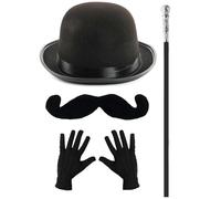 Set di accessori da investigatore anni '30, cappello a bombetta nero, baffi al manubrio, guanti neri e canna argentata, costume da uomo anni '30 per la Giornata mondiale del libro