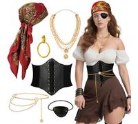 Set di accessori da pirata per costume da donna, sciarpa, collana, orecchini, corsetto, cintura, catena, benda per gli occhi, Halloween, rosso