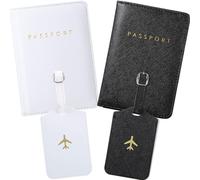 Set di accessori da viaggio abbinati, 2 copertine per passaporto e 2 etichette per bagagli, blocco RFID, in finta pelle, regalo per coppie, colore rosa e verde con motivo aereo, bianco e nero., 4 x