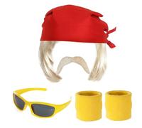 Set di accessori da wrestler anni '80, bandana rossa, parrucca bionda, fascia bionda, braccialetti gialli e occhiali da sole gialli, set di accessori per travestimento da celebrità per adulti