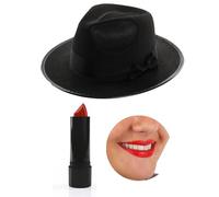 Set di accessori Fedora e rossetto, 58 cm, cappello Fedora nero e rossetto rosso, set di accessori per costume da musicista da concerto