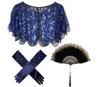 Set di accessori "Great Gatsby", 3 pezzi, con paillettes, sciarpa, guanti lunghi e scomparti per piume, accessori per feste di carnevale, cosplay, balli di fine anno, Blu, Taglia unica