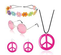 Set di Accessori Hippie Costume,4Pz Accessori Hippie Donna,Hippie Costume Set Retrò con Occhiali Hippie Vintage Fascia Colorata Hippie Orecchini Collana con Segno di Pace per Accessori Carnevale