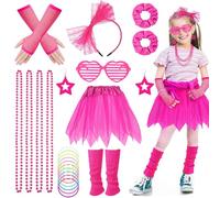 Set di accessori in costume anni '80, per bambini e bambine, con guanti, scaldacollo, tutù, gonna, orecchini a rete di pesce, collane per gli anni '80 '90, carnevale, feste (rosa)