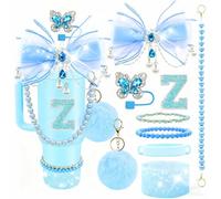 Set di accessori luccicanti con lettere adesive per bicchieri Stanley da 40/76/20 once: topper in paglia con fiocco, ciondoli, tappo a farfalla, cinturino con perle, stivali in silicone, accessori per