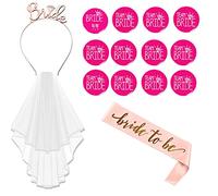 Set di Accessori per Addio al Nubilato Decorazione 15 Pack Gadget Addio Nubilato per Sposa -Velo da Sposa, Sposa di Essere Fusciacca,Fasce di Capelli, 1 Pcs La sposa e 11 Pcs Spille