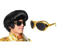 Set di accessori per adulti King of Rock - Confezione da 1 - Parrucca nera con basette e occhiali da sole dorati, set di accessori per costume da musicista rock n roll anni '50