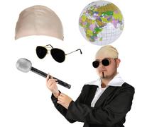 Set di accessori per adulti Mr Worldwide - berretto calvo in lattice, occhiali da sole neri, globo gonfiabile, microfono, toppa nera per anima, per uomo e donna, set di accessori per costume da