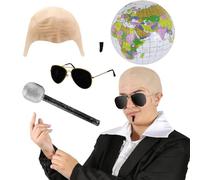 Set di accessori per adulti Mr Worldwide - berretto nudo calvo, occhiali da sole neri, globo gonfiabile, microfono, toppa nera per anima, per uomo e donna, set di accessori per costume da celebrità
