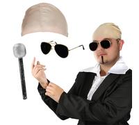 Set di accessori per adulti Mr Worldwide - Cuffia calva in lattice, occhiali da sole neri, microfono, toppa nera dell'anima, per uomo e donna, icona, set di accessori per costume famoso