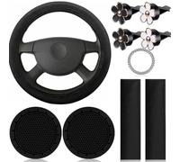 Set di accessori per auto con coprivolante, cuscinetti per cinture di sicurezza, sottobicchieri, adesivo per pulsante Start e clip per bocchetta dell'aria, da donna, colore nero