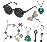 Set di accessori per Coraline, 7 pezzi, occhiali con occhi a bottone, portachiavi, bracciali, collane, fermagli per capelli a libellula per donne e uomini, gioielli compatibili con costume di
