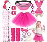 Set di accessori per costume anni '80, 28 pezzi, con gonna tutù, fascia, marsupio, scaldamuscoli, orecchini, set di abbigliamento retrò anni '80, per feste a tema retrò