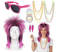Set di accessori per costume anni '80, parrucca rosa roccia da diva muggine, con occhiali da sole, collana, orecchini e braccialetti in silicone, costume retrò per donne e adulti, Halloween, feste