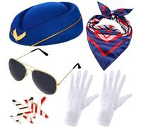 Set di accessori per costume da assistente di volo da donna, uniforme, cappello, sciarpa, guanto, spilla, occhiali, per adulti, equipaggio di cabina, cosplay, travestimento per feste e Halloween
