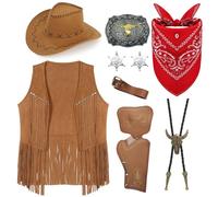 Set di accessori per costume da cowboy da 9 pezzi per uomini, kit di abbigliamento da cowboy western cosplay con cappello, gilet con nappe, bandana, fondina, cintura, fibbia bolo, cravatta, collana