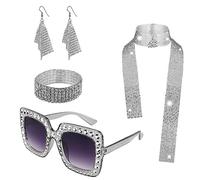 Set di accessori per costume da discoteca anni '70, costume da discoteca anni '70, per donne e ragazze, con paillettes, sciarpa, orecchini, montatura spessa, occhiali da sole e braccialetto, kit per