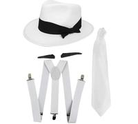 Set di accessori per costume da gangster, con cravatta bianca + bretelle abbinabili + cappello bianco trilby anni '20, mob gangster uomini al capone (accessori - cappello 60 cm)