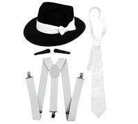 Set di accessori per costume da gangster, cravatta bianca + bretelle bianche + 3 paia di baffi da malavitoso + lobbia nera, per travestimento da gangster anni '20, stile Al Capone